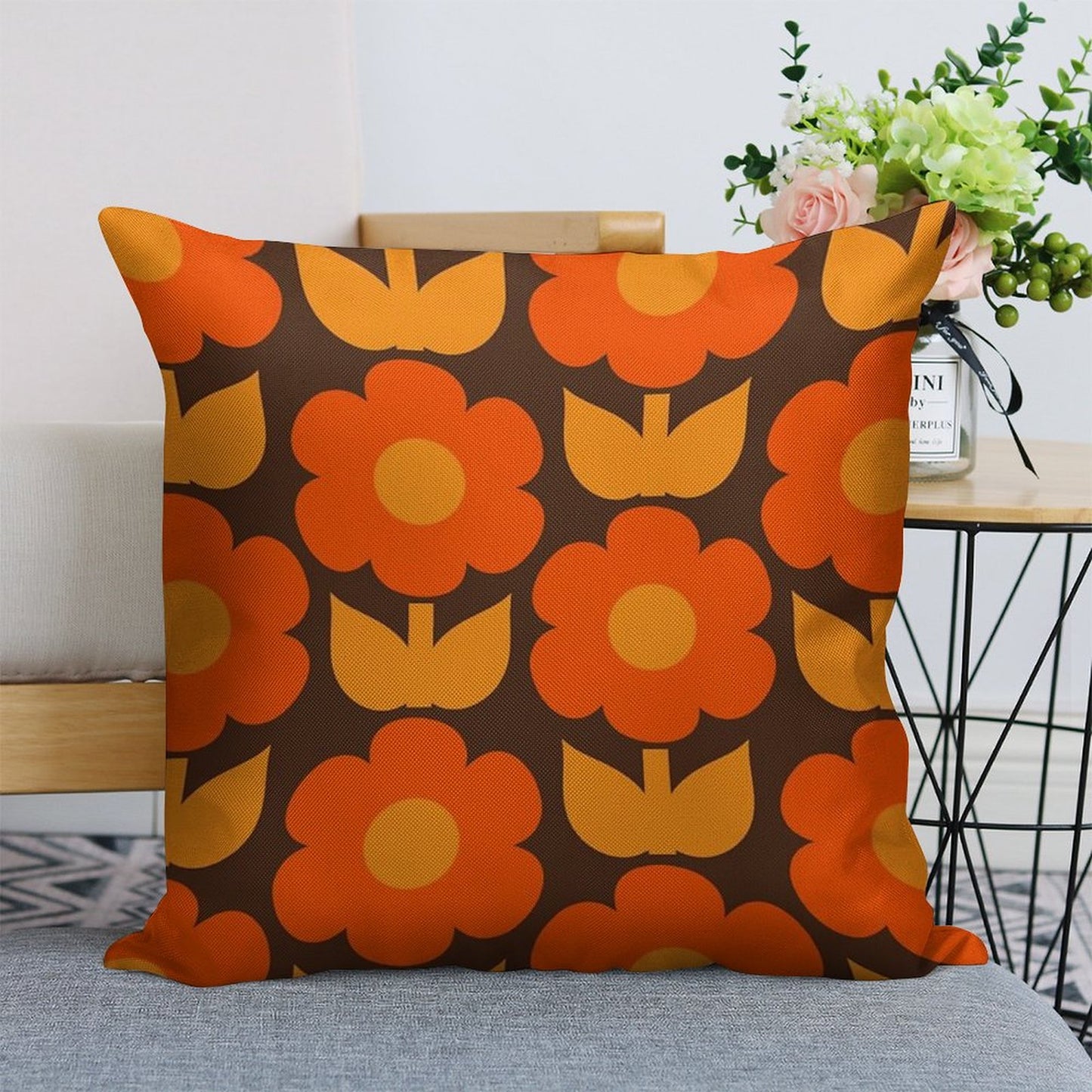Jonnty Flowers Retro Floral Pattern in 70s Brown And Orange Linen Throw Pillow Cover