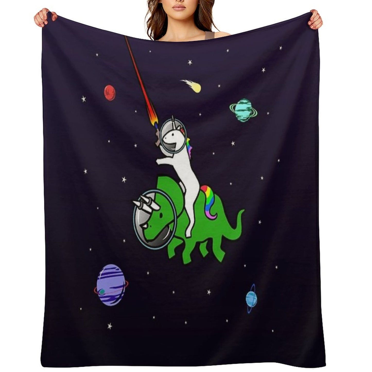 Unicorn Riding Triceratops In Space Throw Blanket