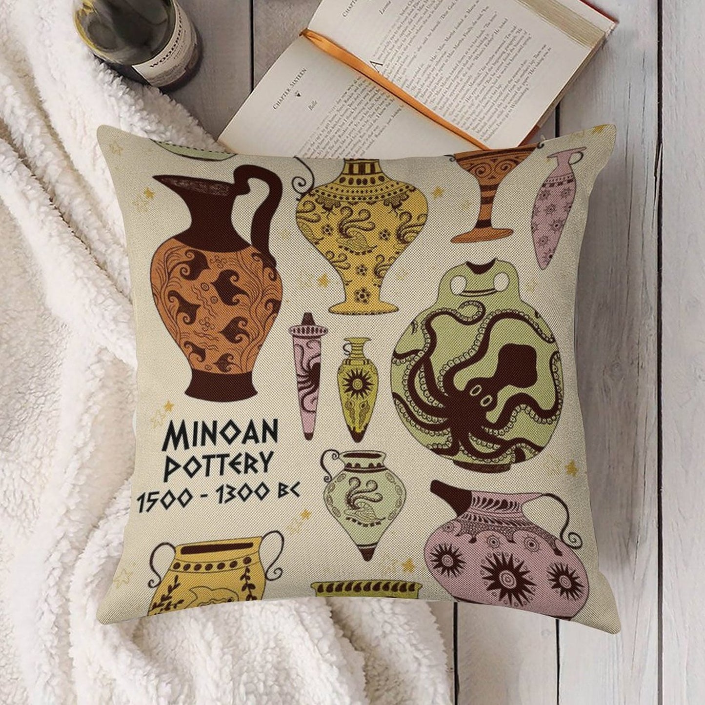 Minoan Pottery Linen Throw Pillow Cover