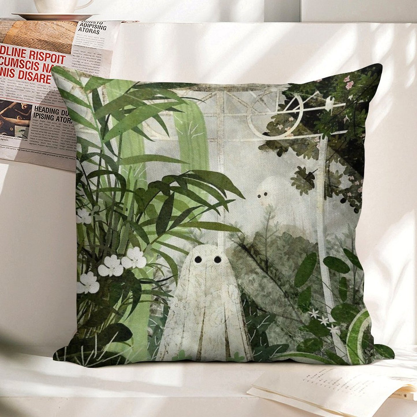 There's A Ghost in The Greenhouse Again Linen Throw Pillow Cover