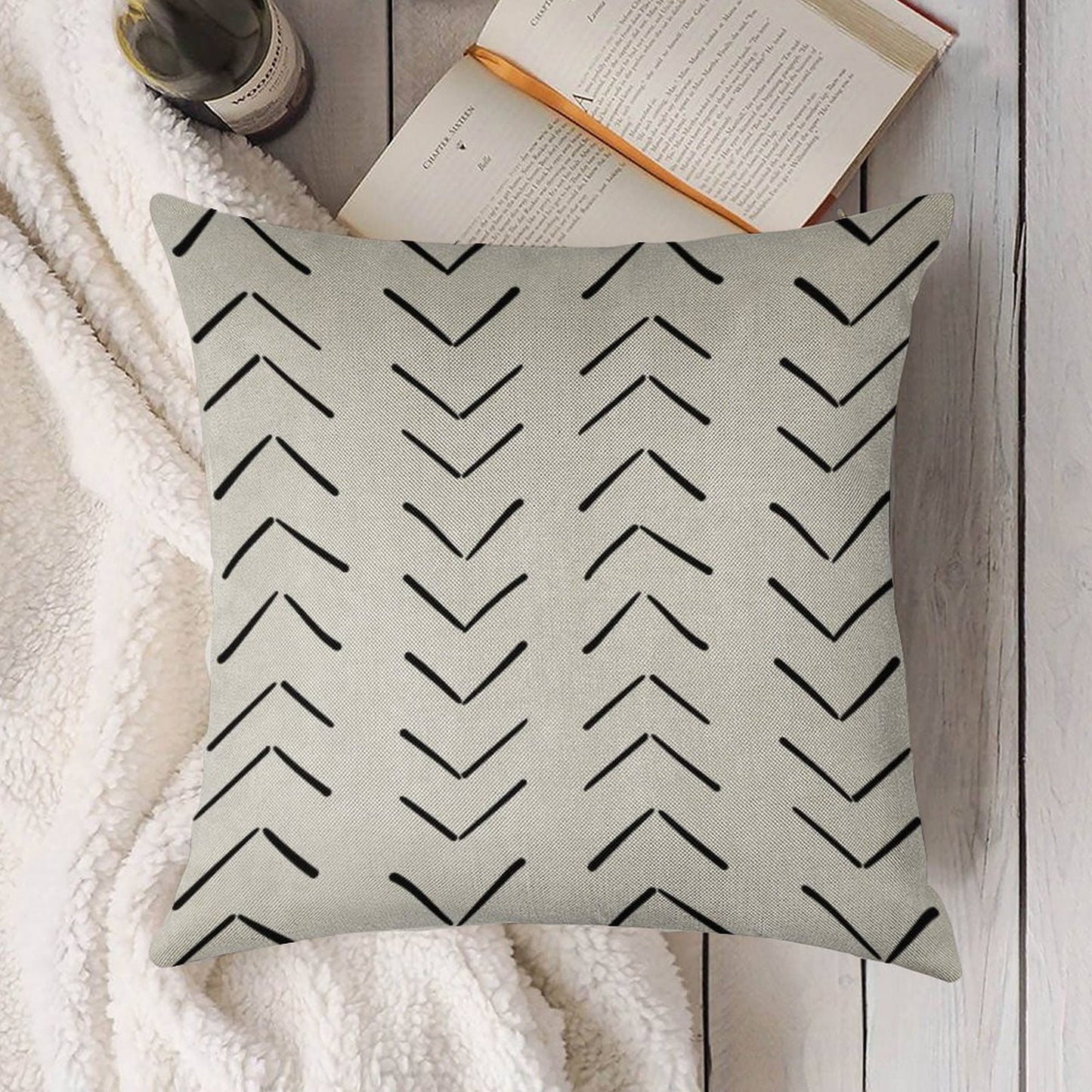 Boho Big Arrows in White And Black Linen Throw Pillow Cover