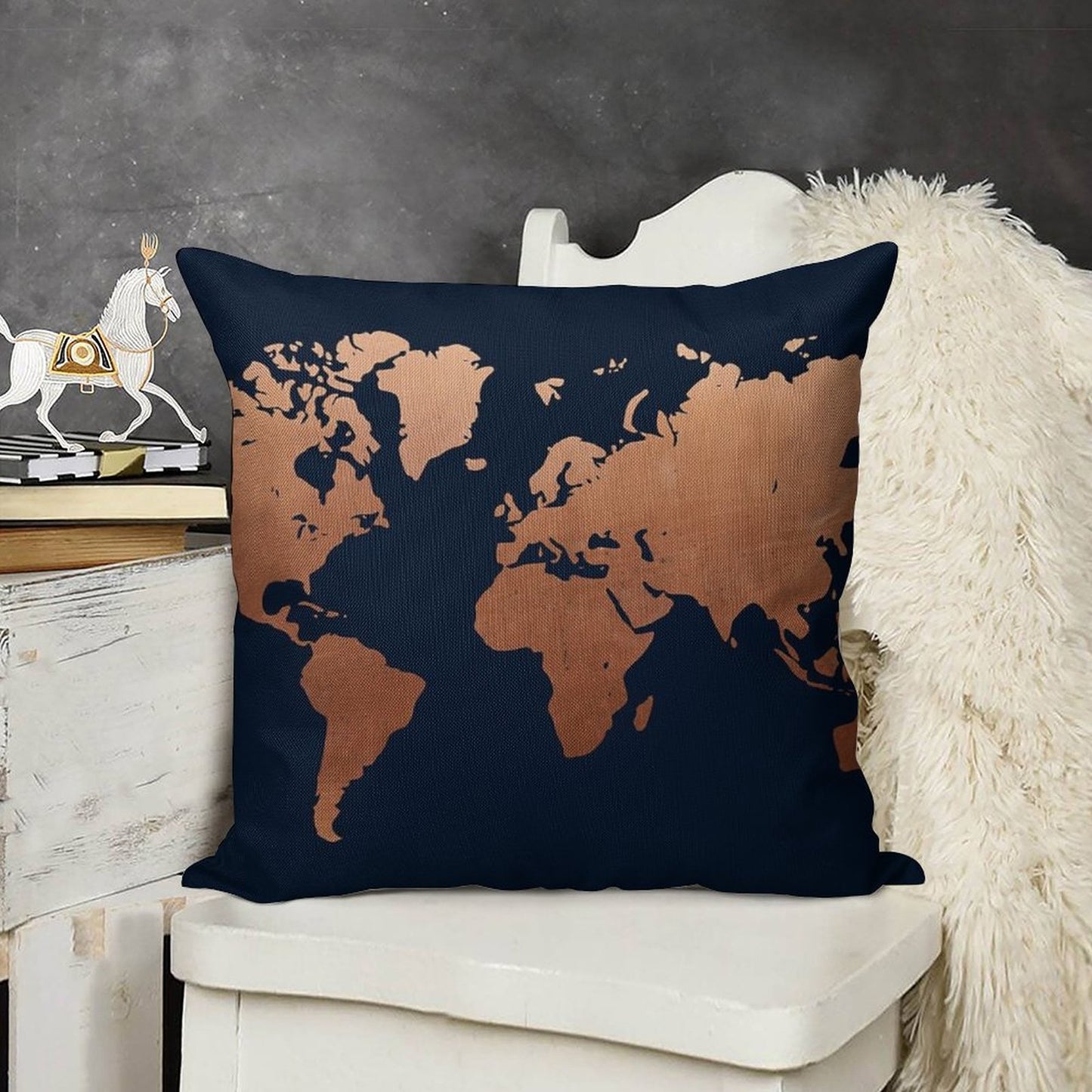 World Map - Navy Blue And Copper Linen Throw Pillow Cover