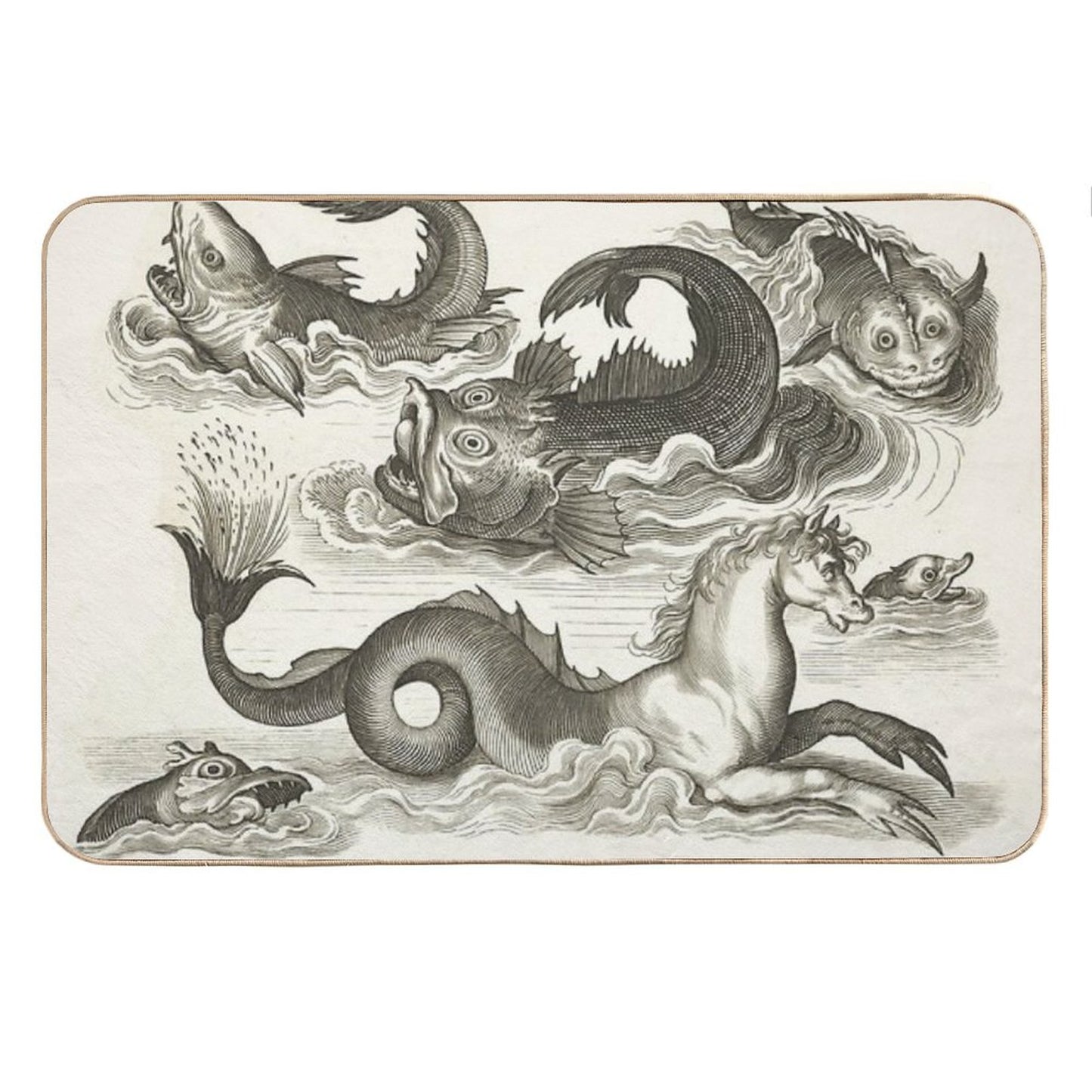 MEDIEVAL BESTIARY,Black White Fantastic Aquatic Animals And Sea Horse of Neptune Bath Mat