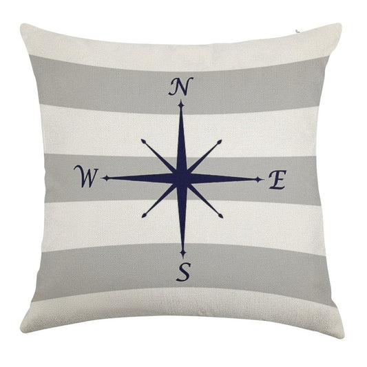 Nautical Navy Blue Compass On Silver Gray And White Stripes Linen Throw Pillow Cover