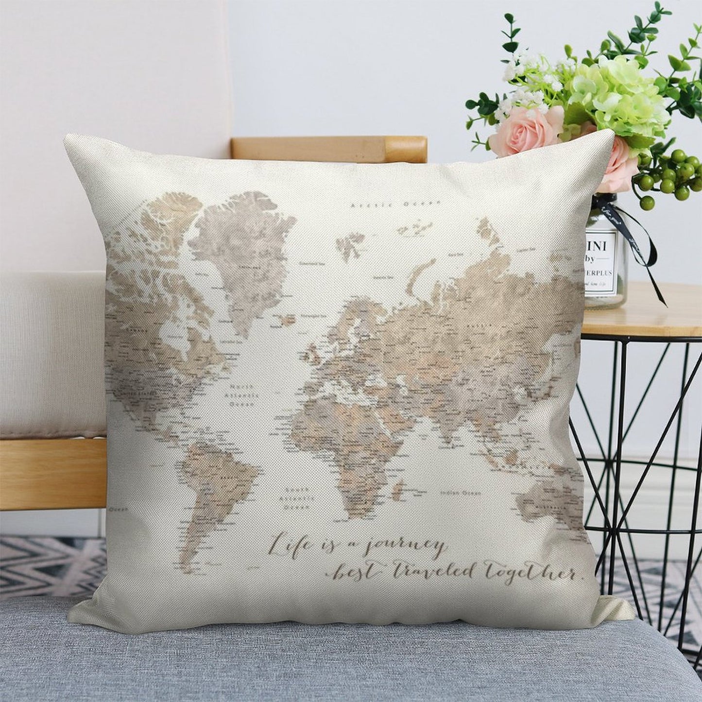 Life Is A Jouney Best Travelled Together, World Map, Abey Linen Throw Pillow Cover