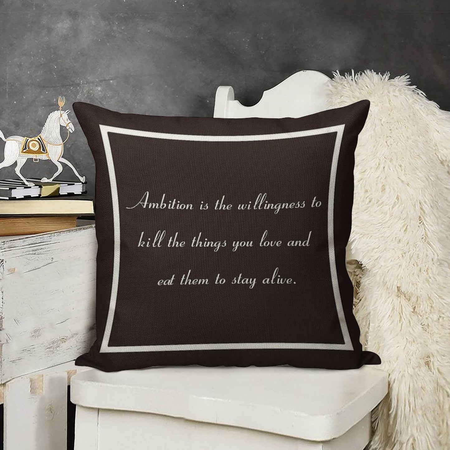 30 Rock Inspired Brown TV Show Jack Donaghy Quote, Ambition Linen Throw Pillow Cover