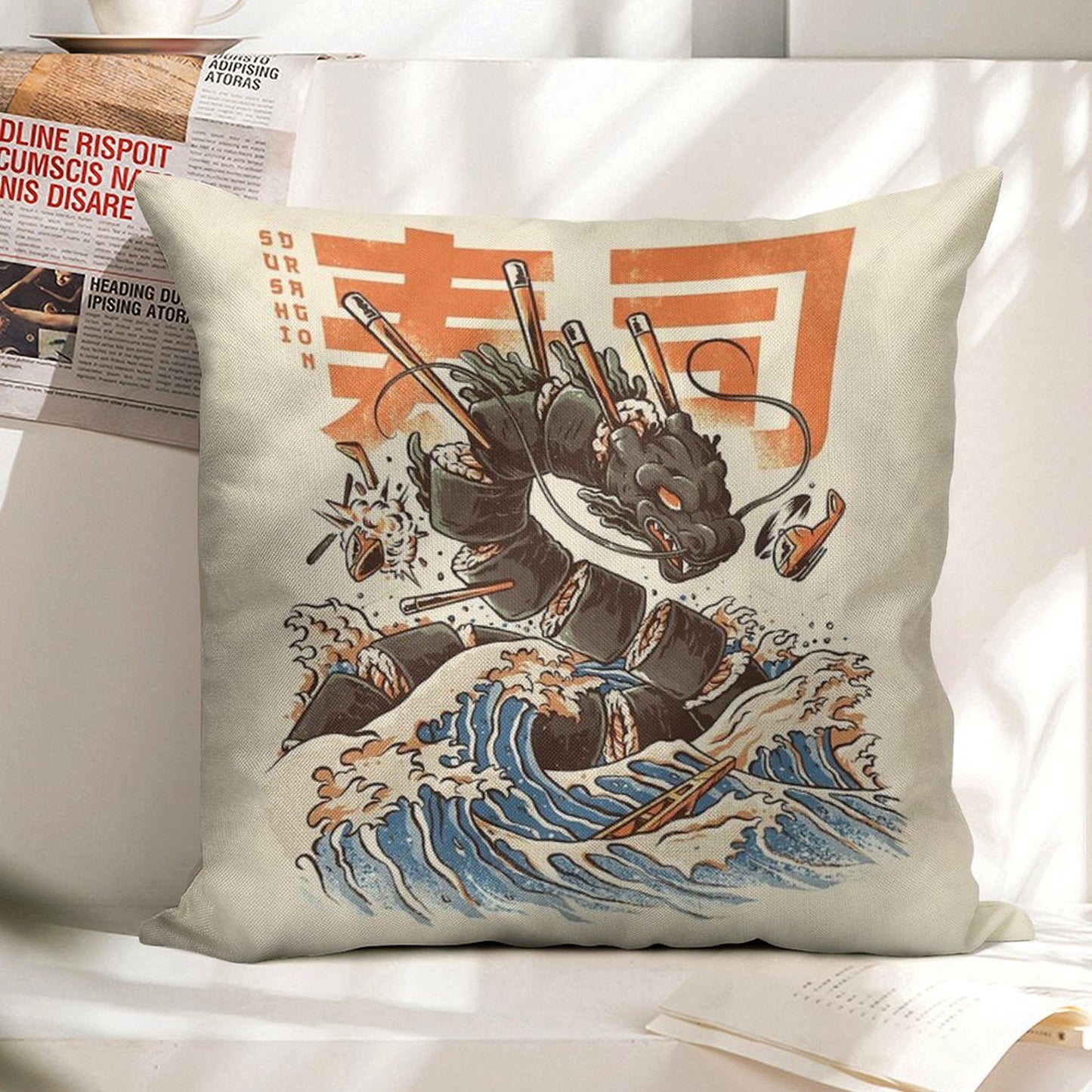 Great Sushi Dragon Linen Throw Pillow Cover