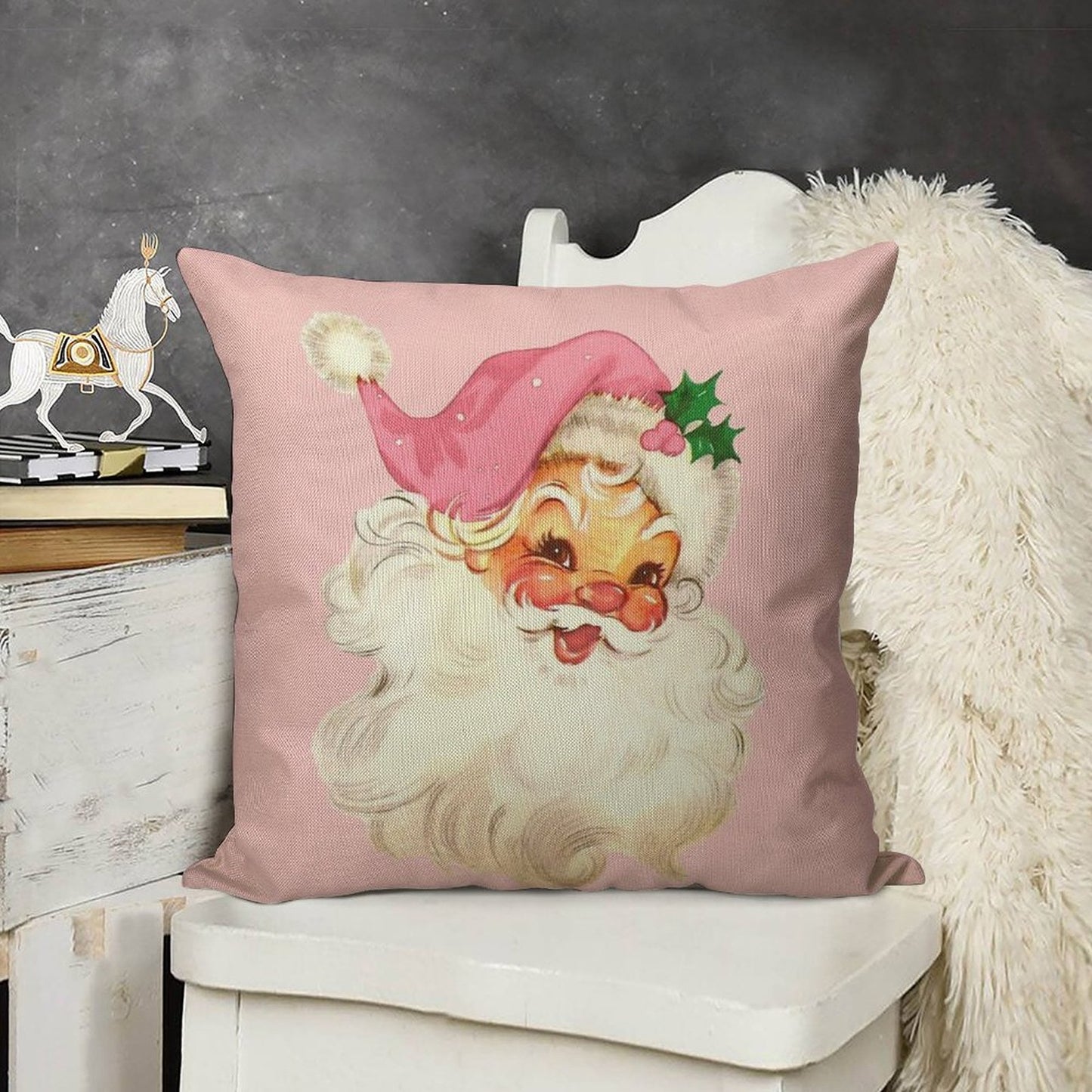 Retro Santa Claus Pink Linen Throw Pillow Cover