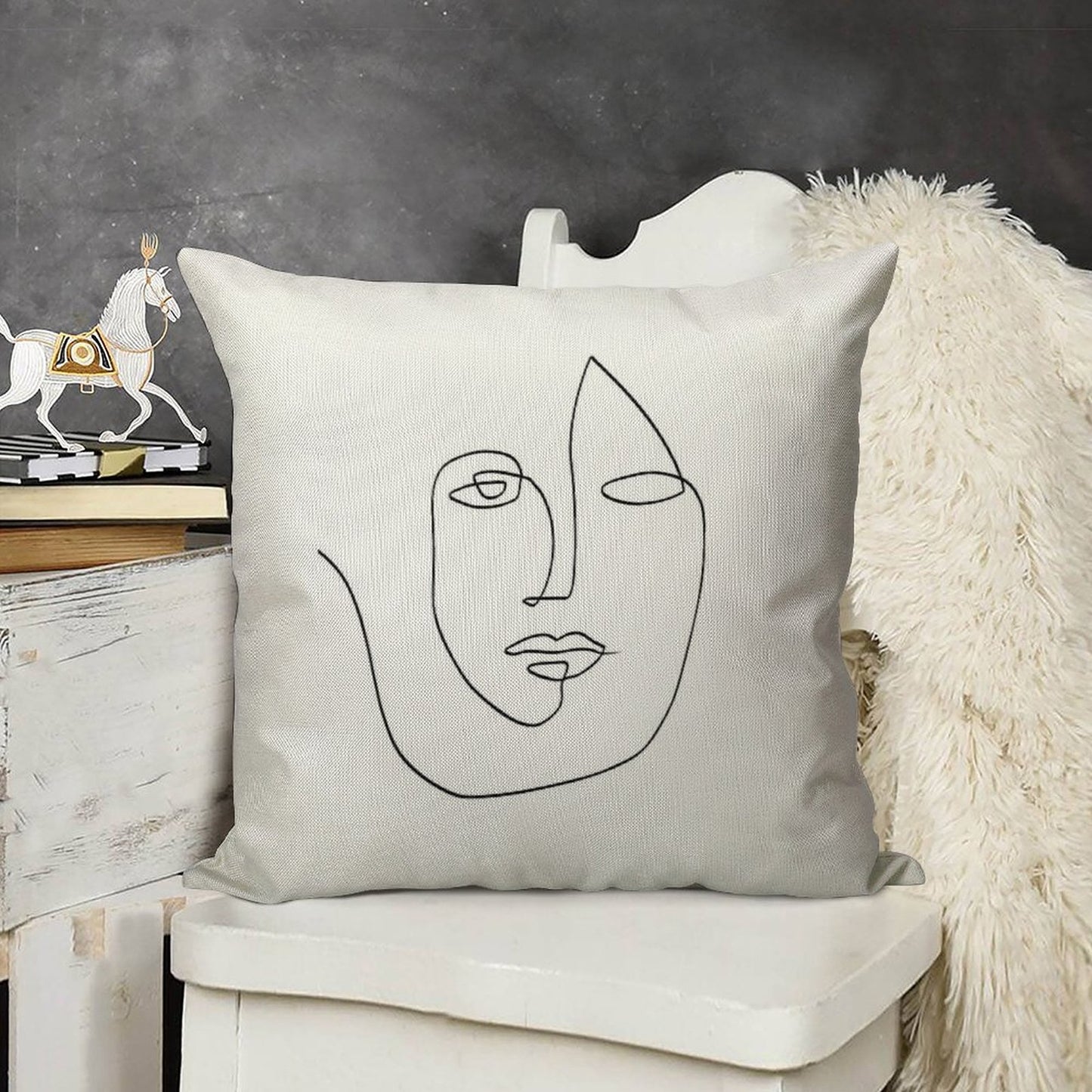Abstract Face - One Line Art Linen Throw Pillow Cover