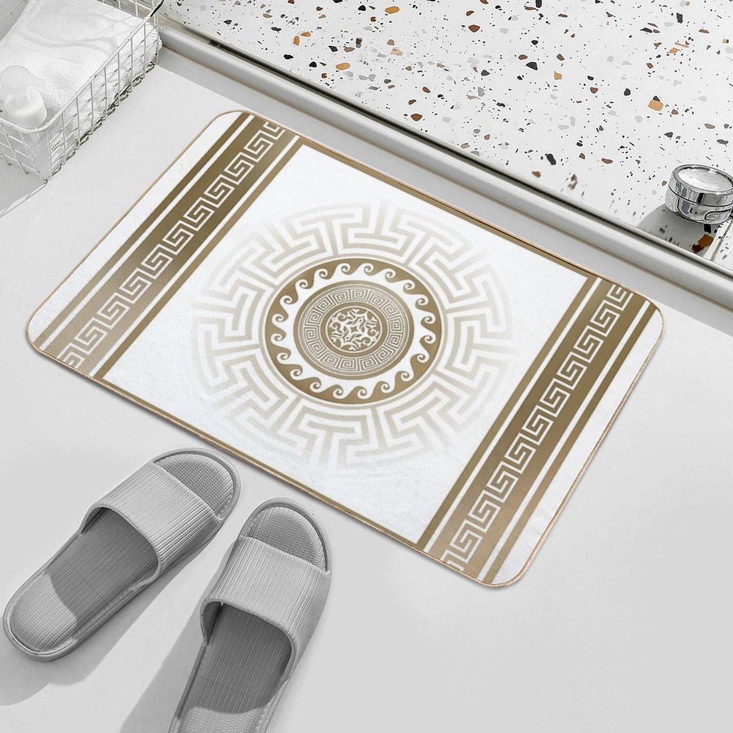 Greek Key Meander Bronze White Bath Mat