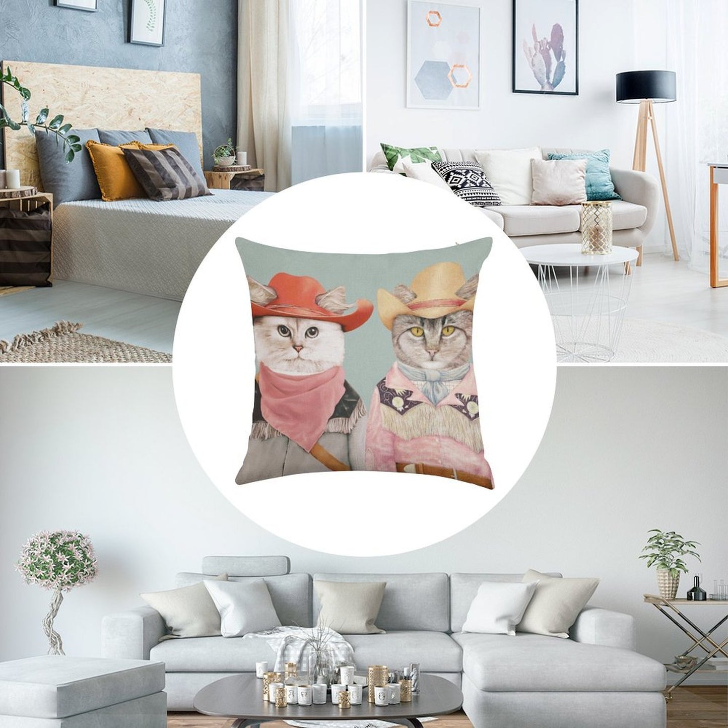 Cowboy Cats Linen Throw Pillow Cover