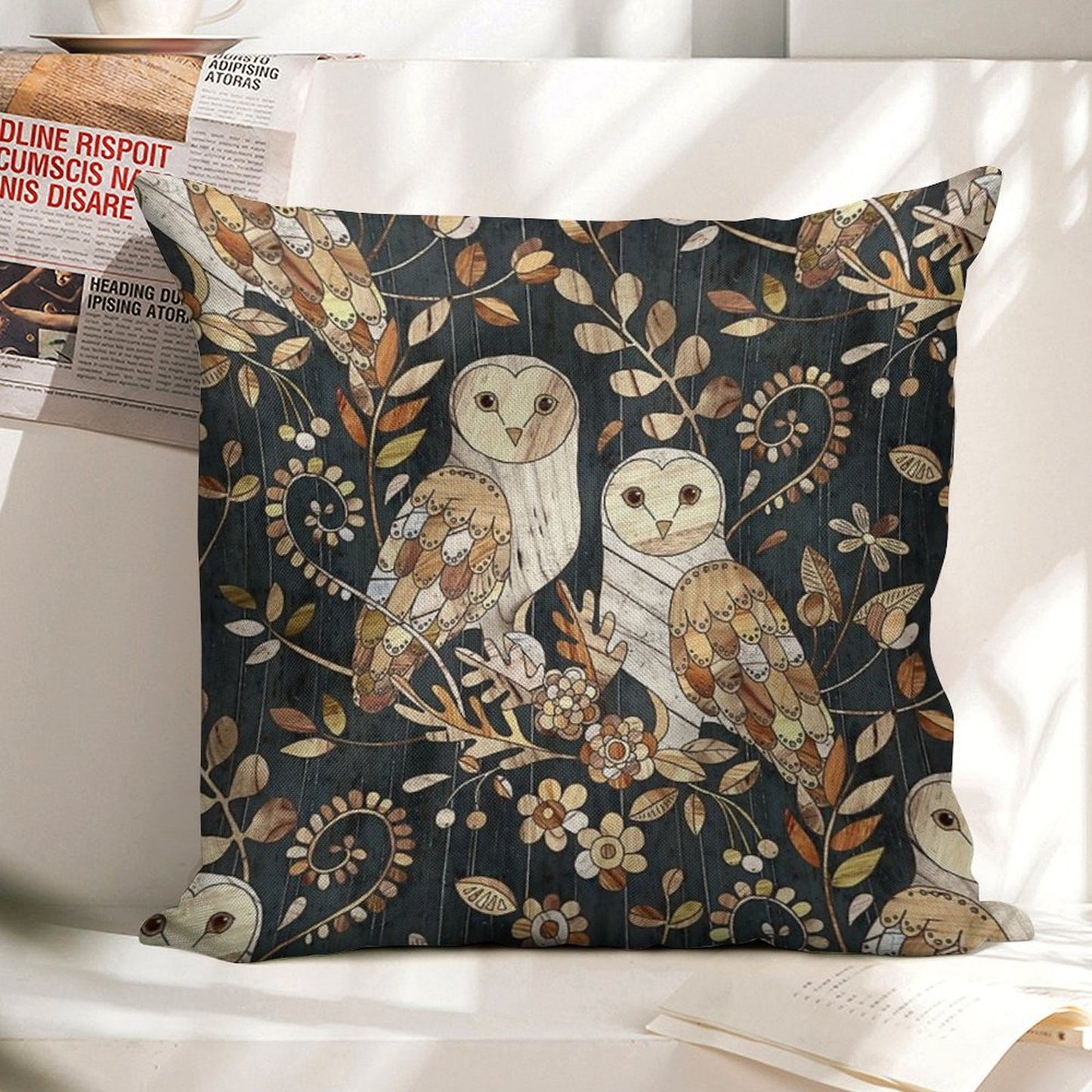 Wooden Wonderland Barn Owl Collage Linen Throw Pillow Cover
