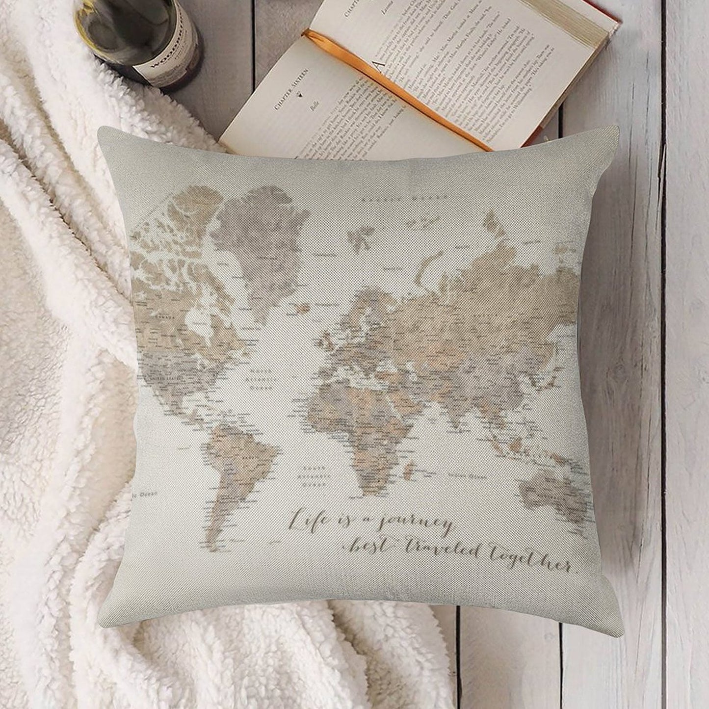 Life Is A Jouney Best Travelled Together, World Map, Abey Linen Throw Pillow Cover