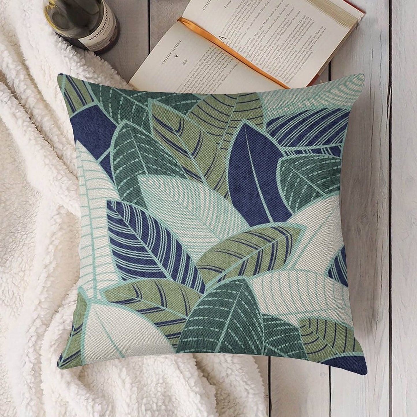 Leaf Wall Navy Blue Pine And Sage Green Leaves Mint Lines Linen Throw Pillow Cover