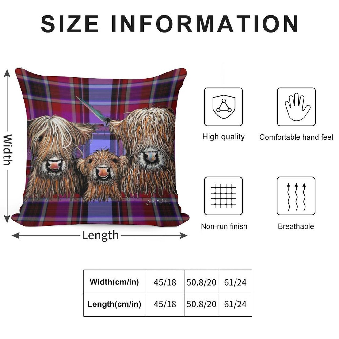 SCoTTiSH HiGHLaND CoW ' TaRTaN We 3 CooS P ' BY SHiRLeY MacARTHuR Soft Hidden Zipper Throw Pillow