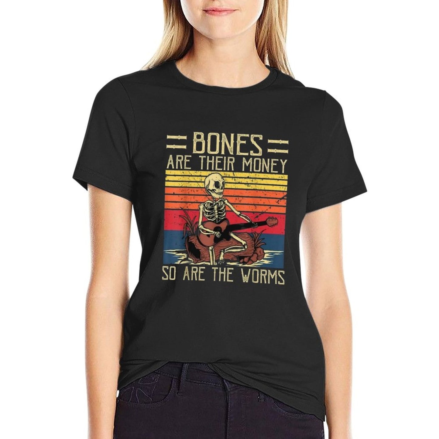 Bones Are Their Money Skeleton Playing Guitar Retro Vintage Moisture-wicking T-Shirt