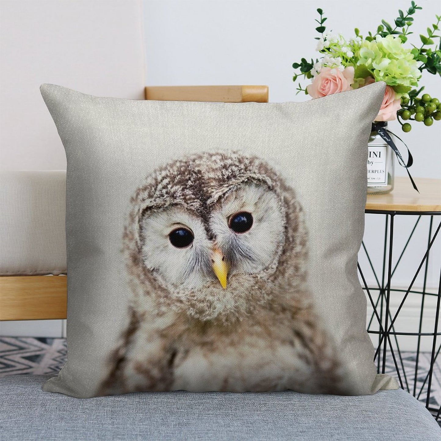 Baby Owl - Colorful Linen Throw Pillow Cover