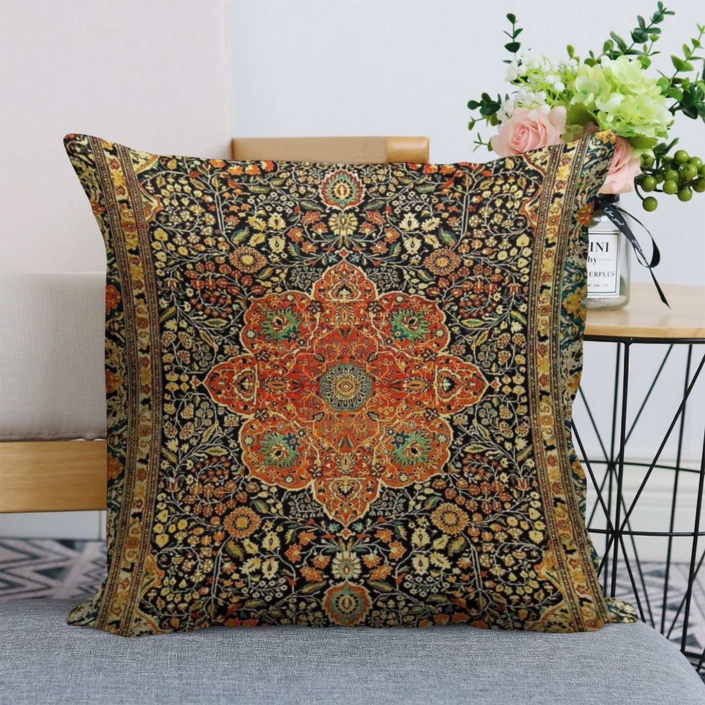 Antique Persian Mohtashem Kashan Rug Print Linen Throw Pillow Cover
