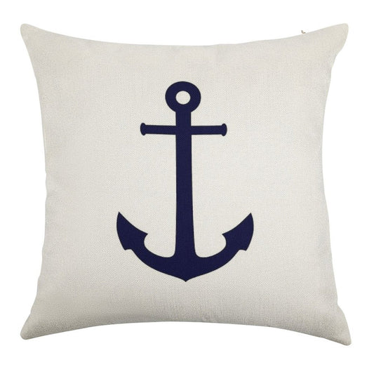 Navy Blue Anchor On White Linen Throw Pillow Cover
