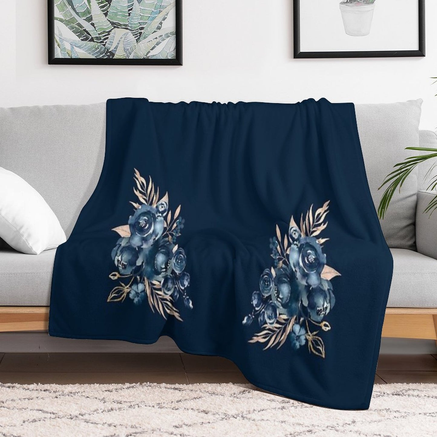 Navy Blue Floral, Watercolor Rose, Aesthetic Throw Blanket