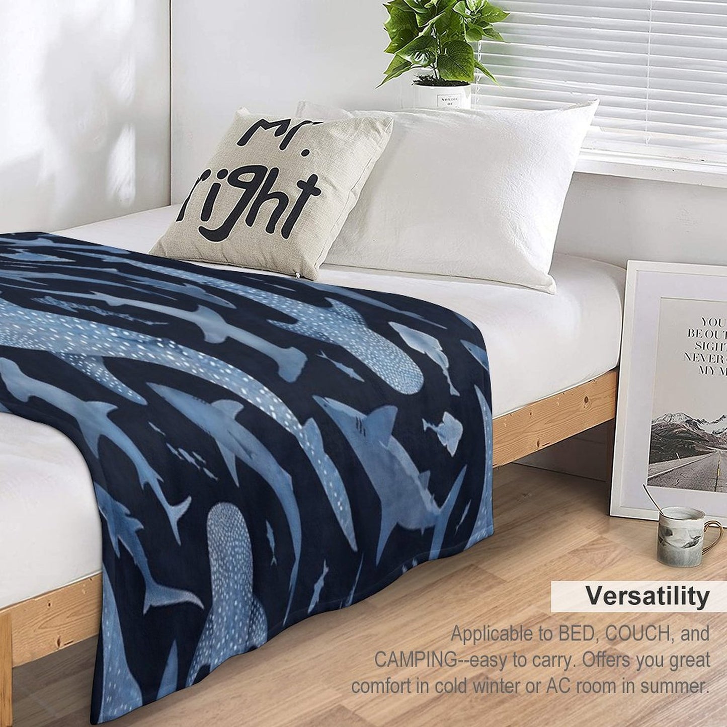 Monochrome Blue Watercolour Shark Ocean on Black Throw Blanket