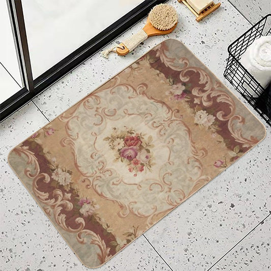 Antique Rose Floral French Aubusson Rug Print Bath Mat
