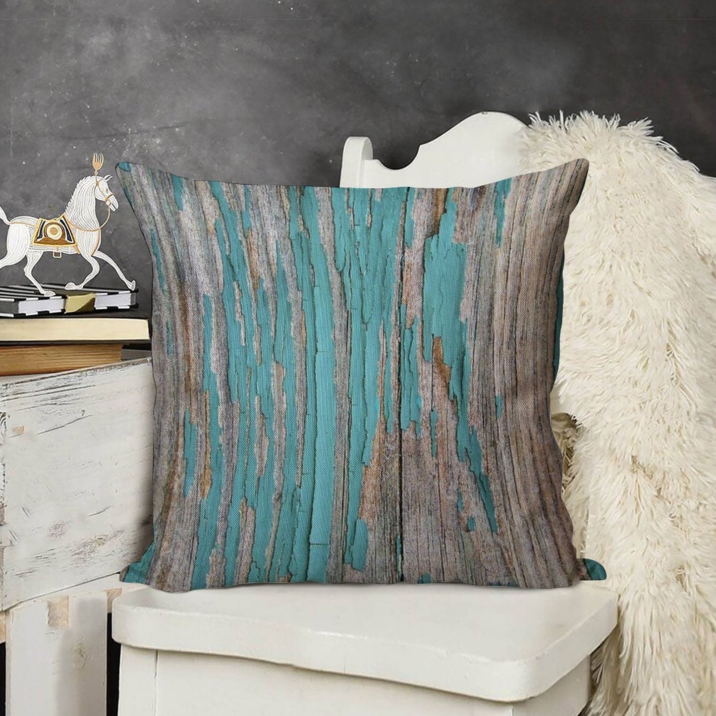 Shabby Rustic Weathered Wood Turquoise Linen Throw Pillow Cover