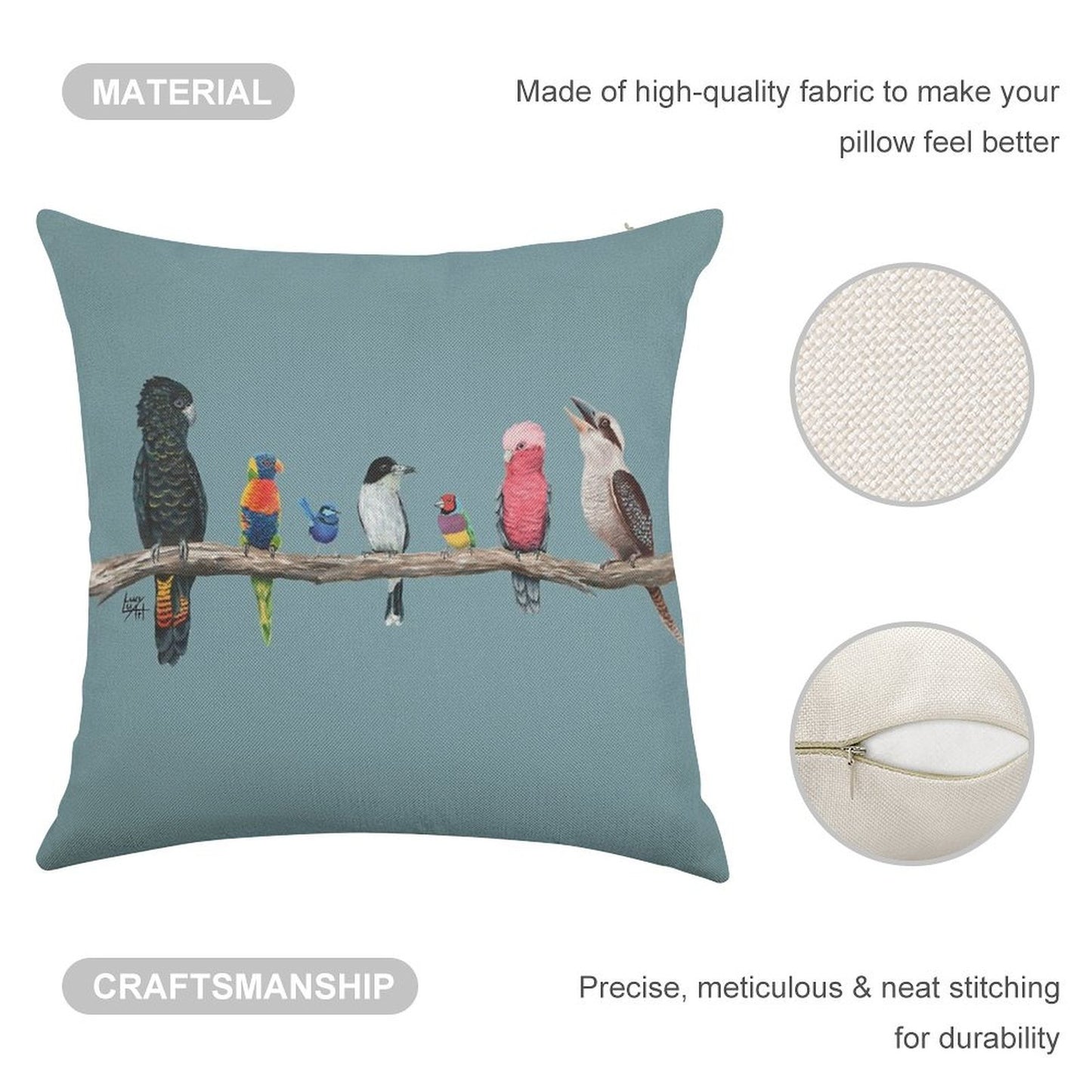 Australian Birds Linen Throw Pillow Cover