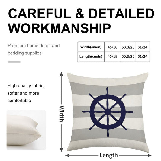 Nautical Navy Blue Ship's Steering Wheel On Silver Gray Stripes Linen Throw Pillow Cover
