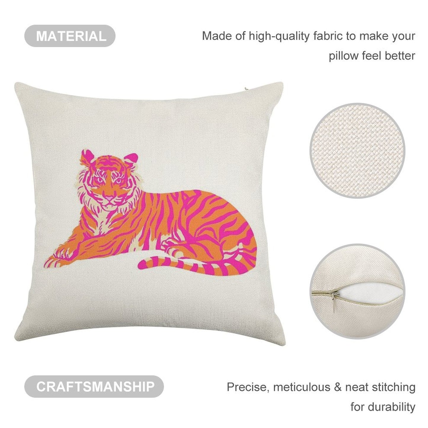 Pink And Orange Tiger Linen Throw Pillow Cover
