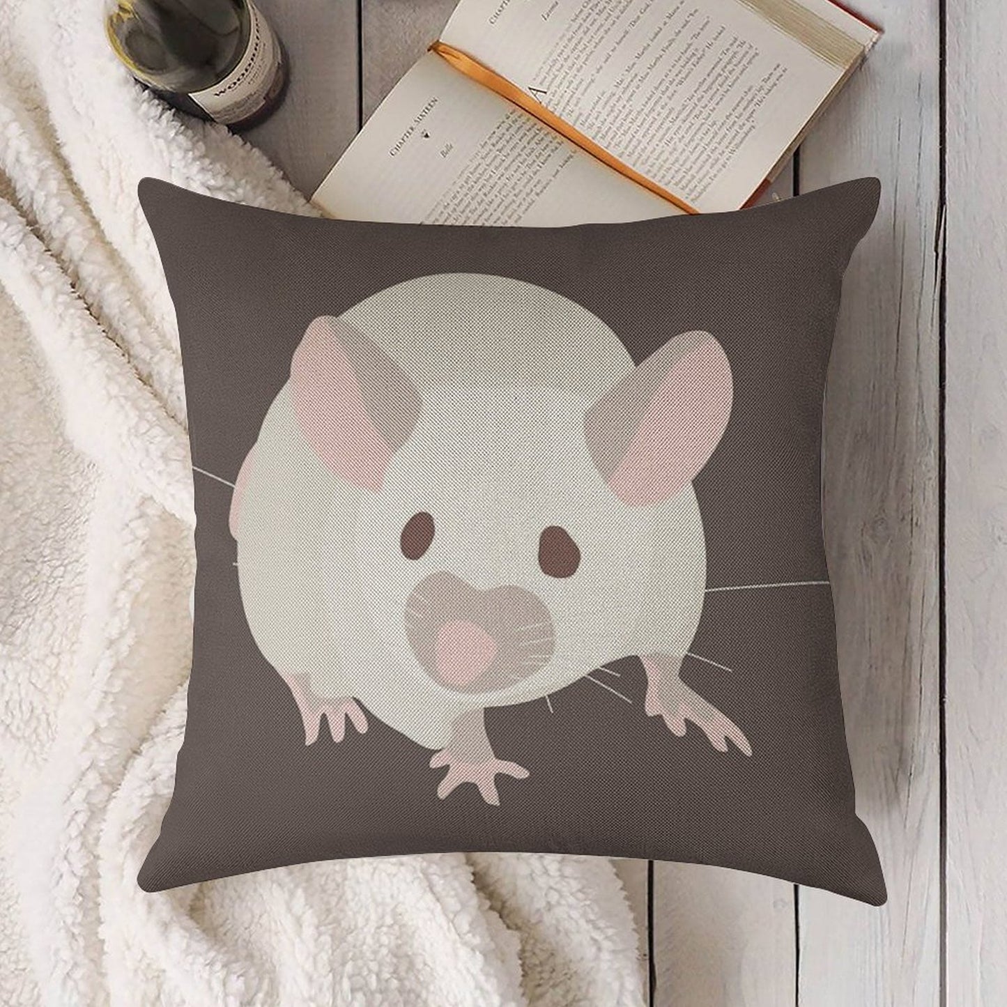 Pet Portrait White Mouse with Red Eyes Linen Throw Pillow Cover