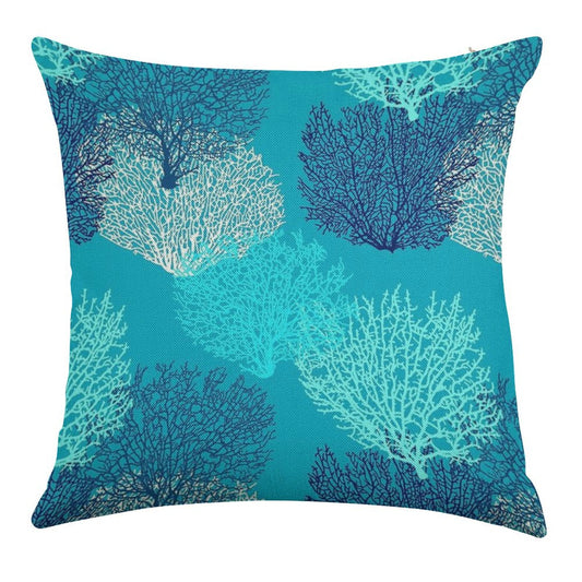 Fan Coral Print, Turquoise, Aqua And Cobalt Blue Linen Throw Pillow Cover