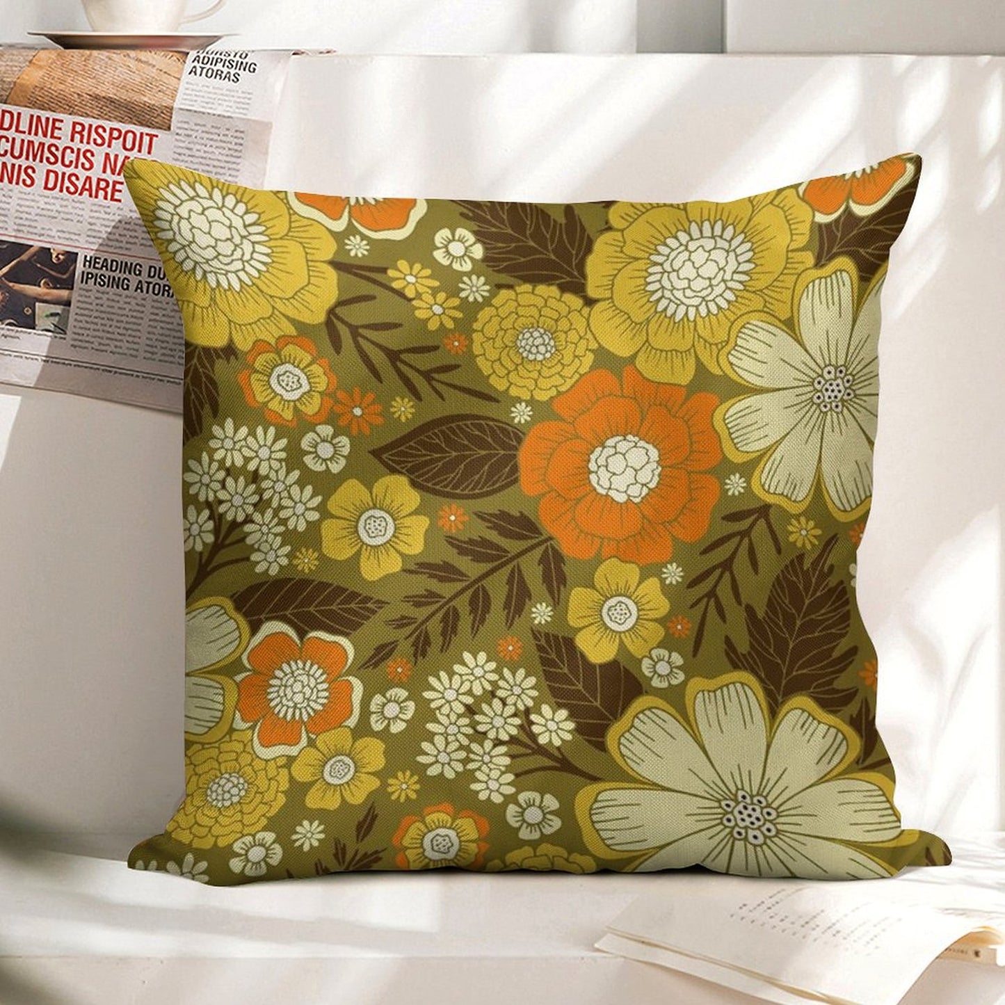 1970s RetroVintage Floral Pattern Linen Throw Pillow Cover