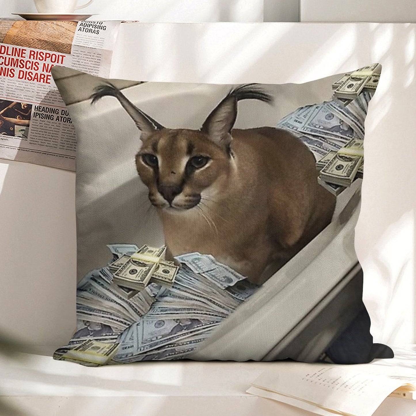 Big Floppa Cash Linen Throw Pillow Cover