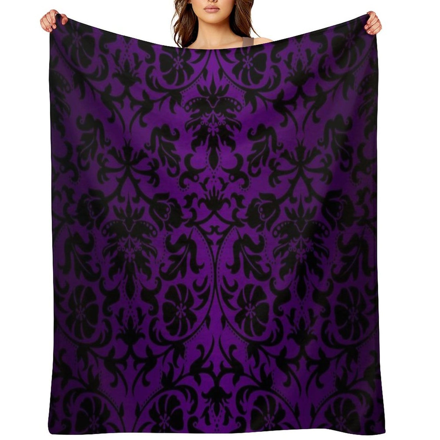 Purple And Black Damask Pattern Design Throw Blanket