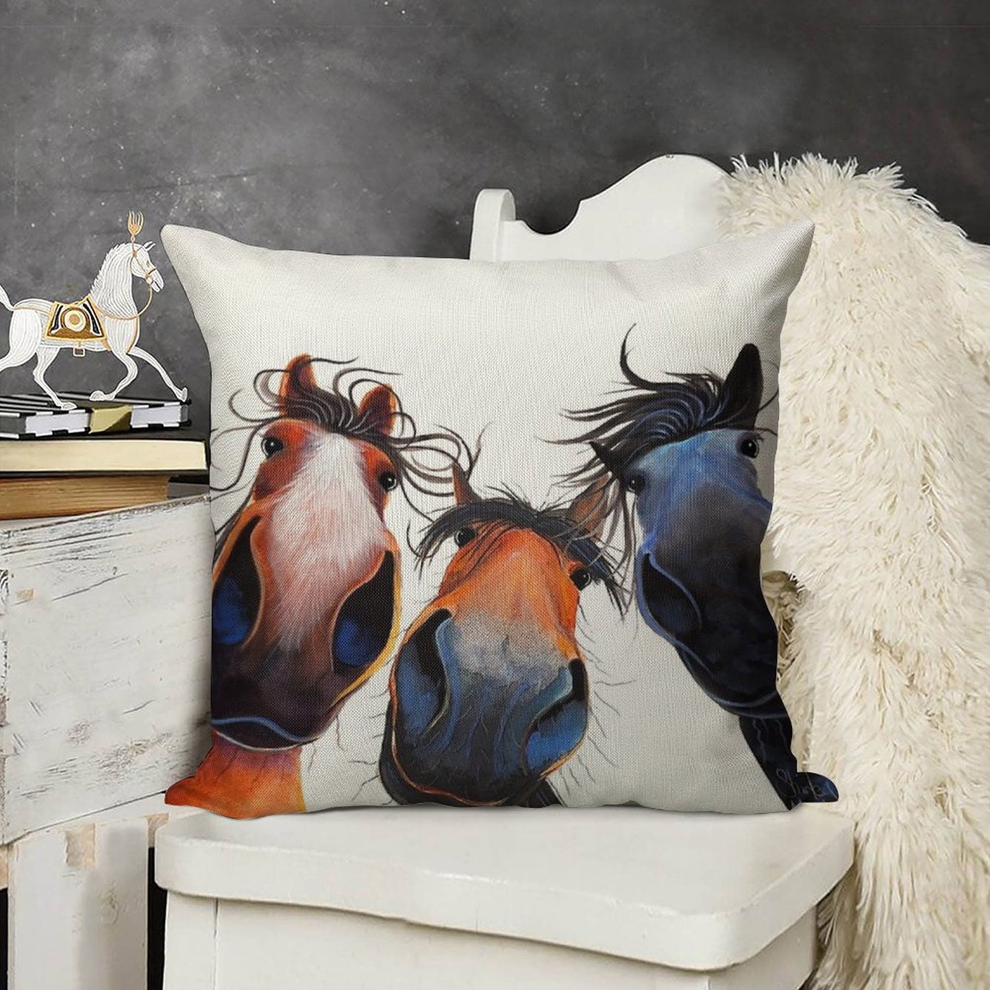 HaPPY HoRSe PRiNT ' WHo LeFT THe GaTe OPeN ' BY SHiRLeY MacARTHuR Linen Throw Pillow Cover