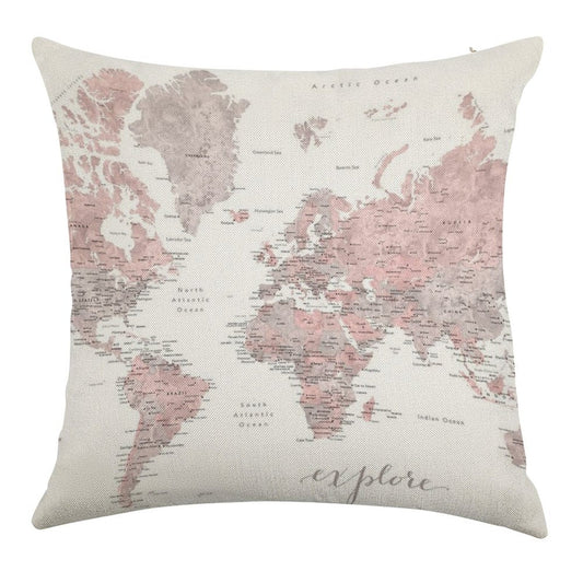 Explore - Dusty Pink And Grey Watercolor World Map, Detailed Linen Throw Pillow Cover