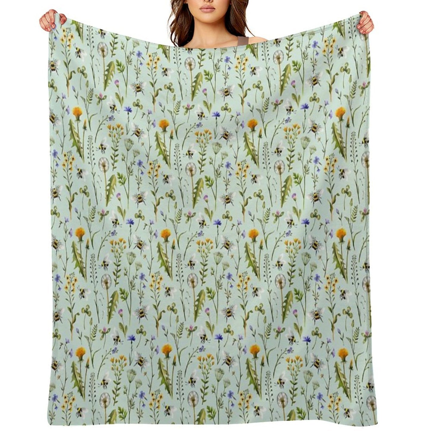 Bees And Wildflowers on Mint Throw Blanket