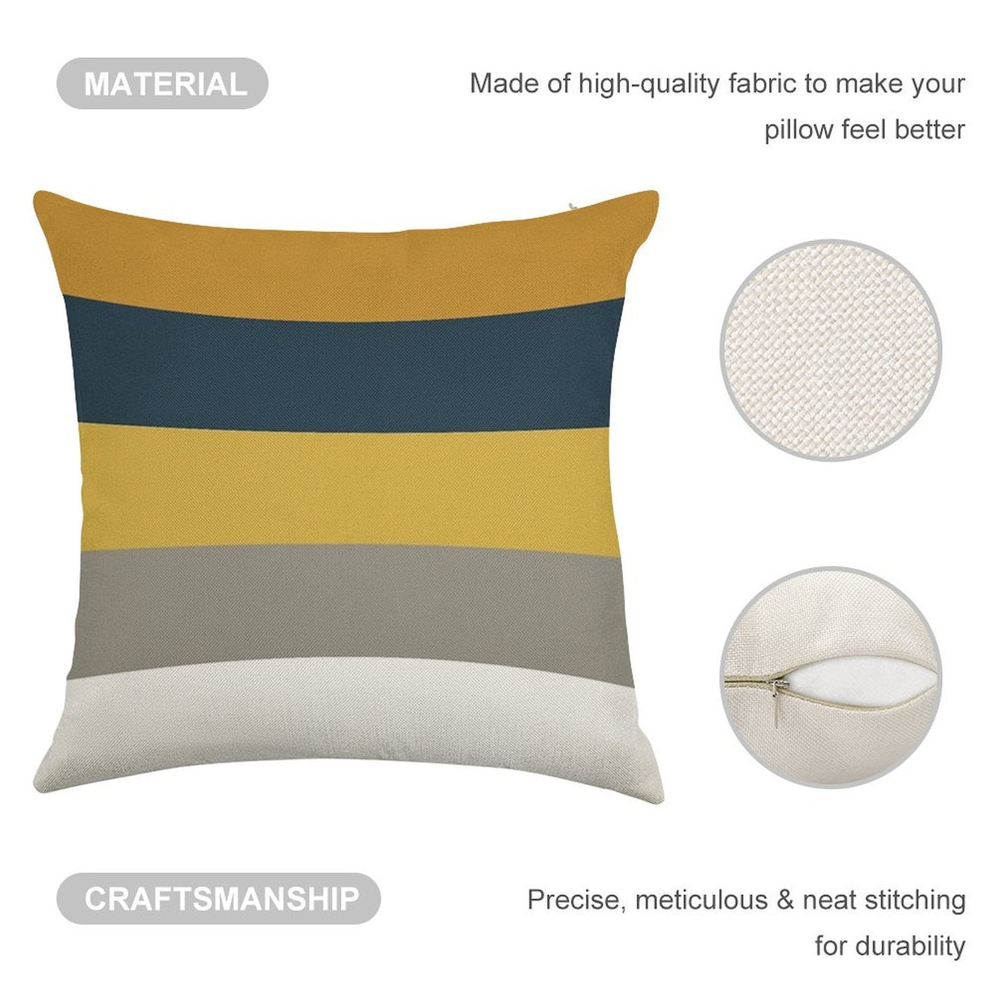 Broad Stripes Pattern in Light And Dark Mustard Yellow, Grey, White, And Navy Blue Linen Throw Pillow Cover