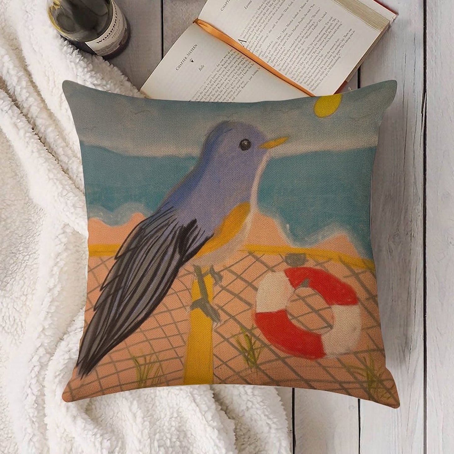 A Bird’s Beach Vibe Linen Throw Pillow Cover