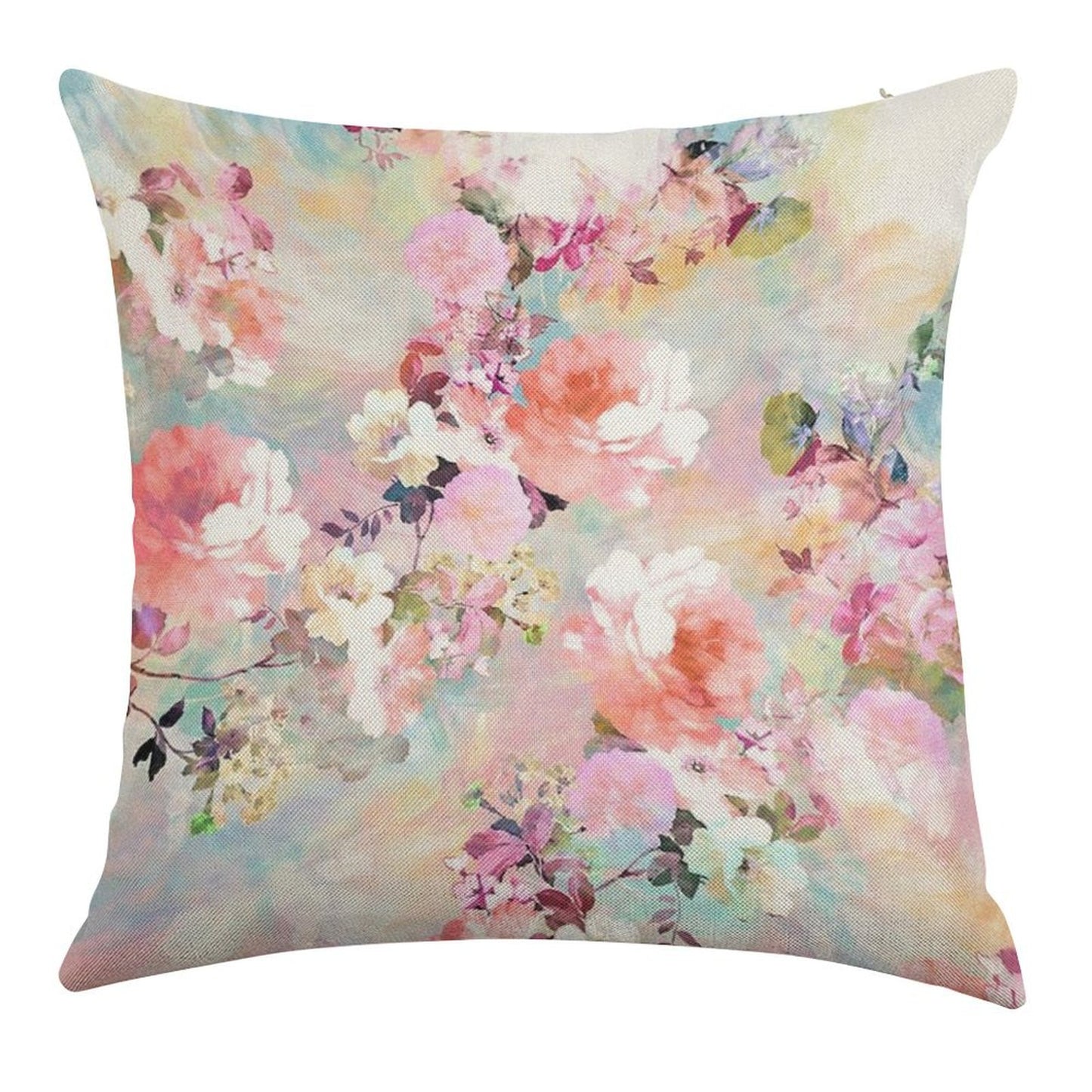 Romantic Pink Teal Watercolor Chic Floral Pattern Linen Throw Pillow Cover
