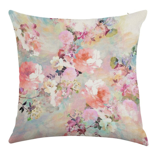 Romantic Pink Teal Watercolor Chic Floral Pattern Linen Throw Pillow Cover