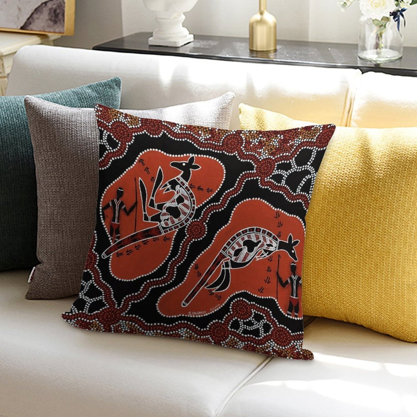 Authentic Aboriginal Art -  Men Kangaroo Hunting Soft Fade-Resistant Throw Pillow