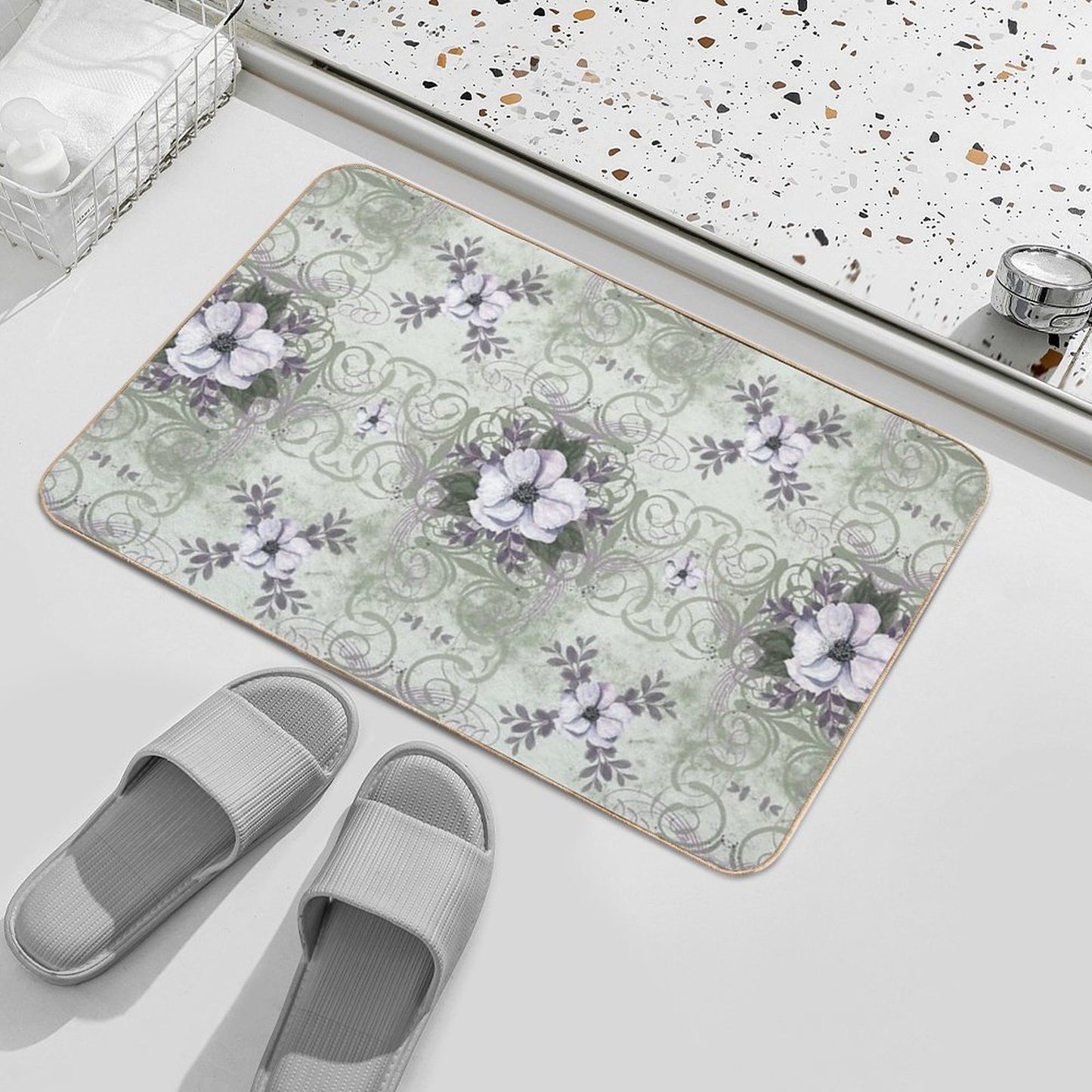 Sage And Lavender Vintage Style Floral Pattern Bath Mat