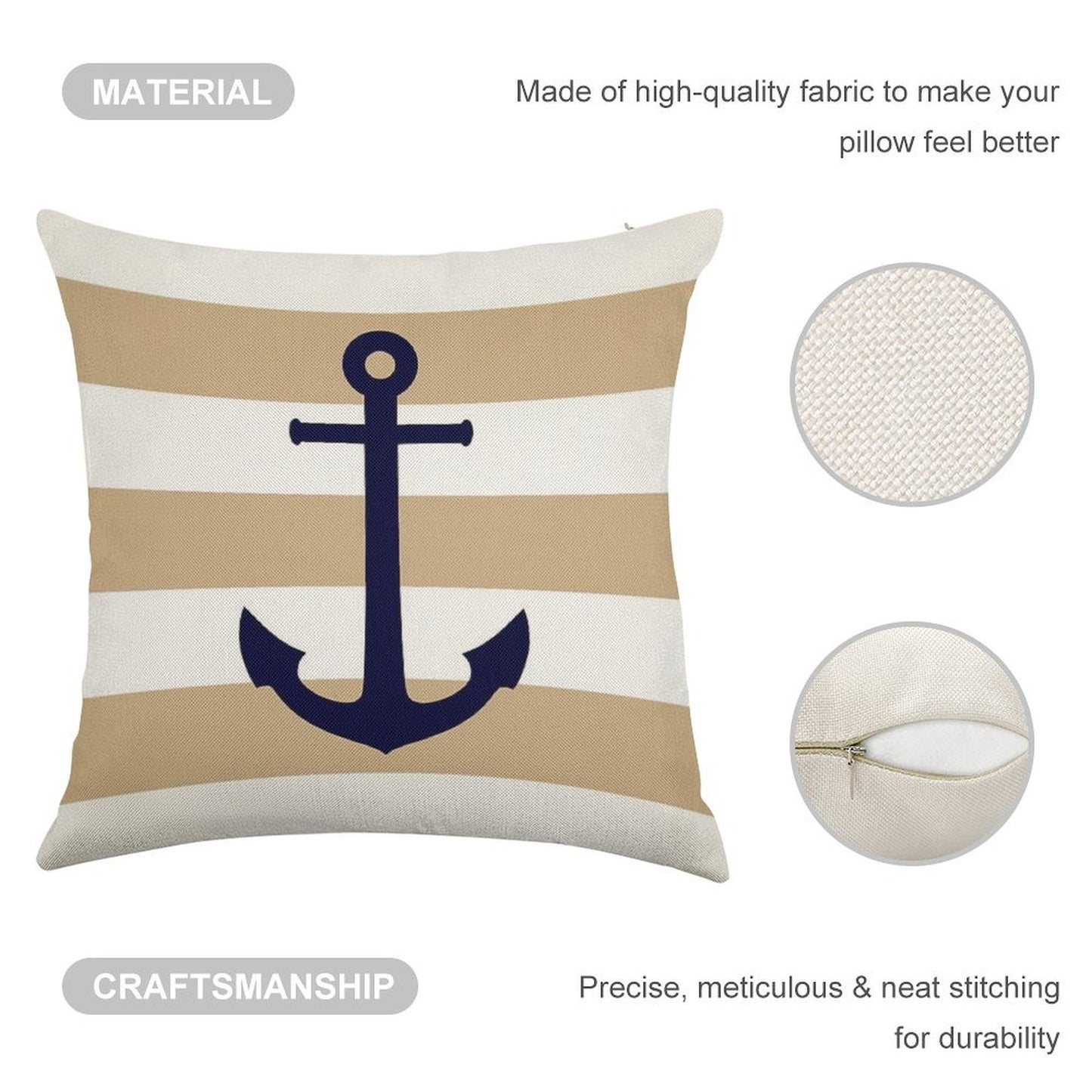 Nautical Navy Blue Anchor On Tropical Tan Stripes Linen Throw Pillow Cover