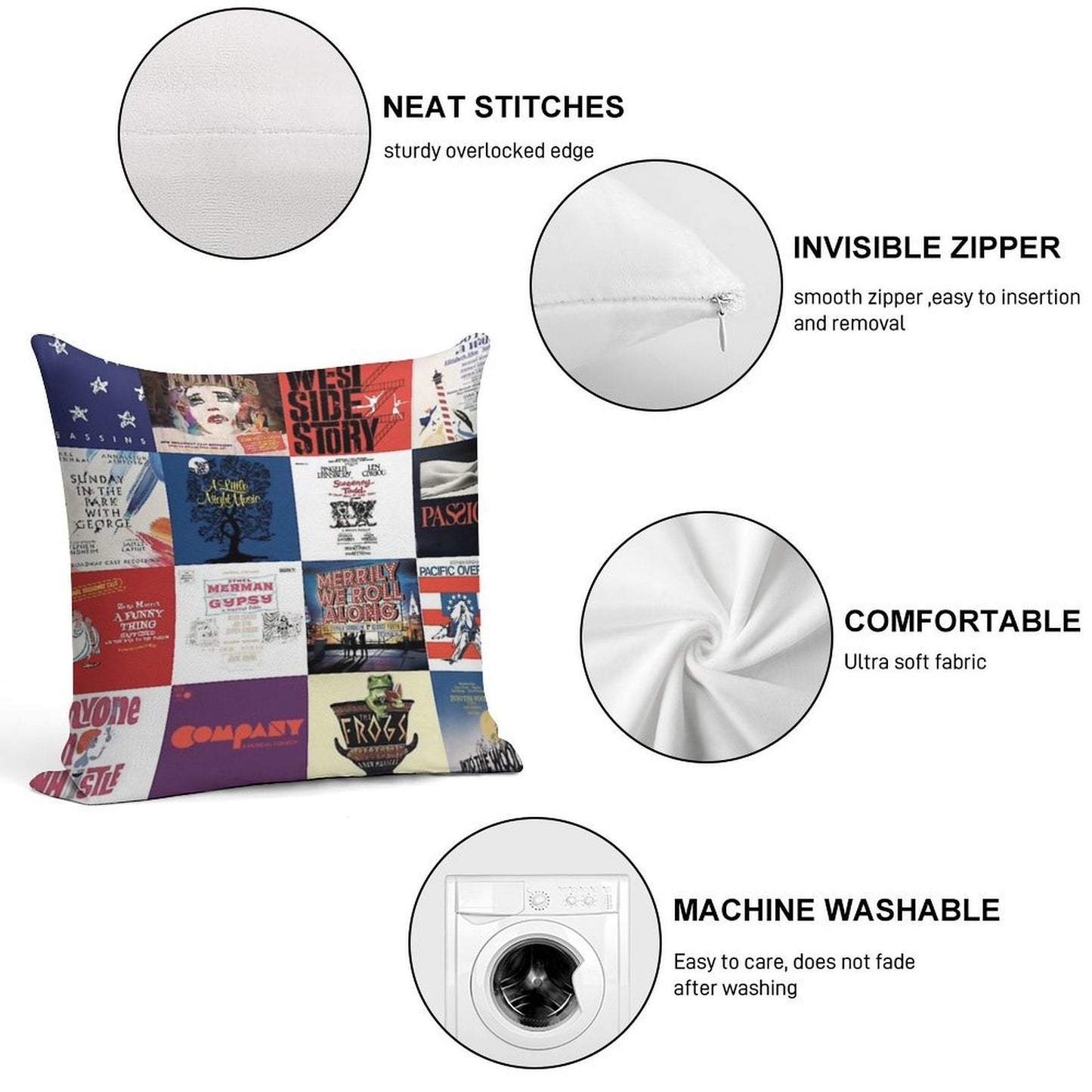 Sondheim Collage Soft Shrink-Resistant Throw Pillow