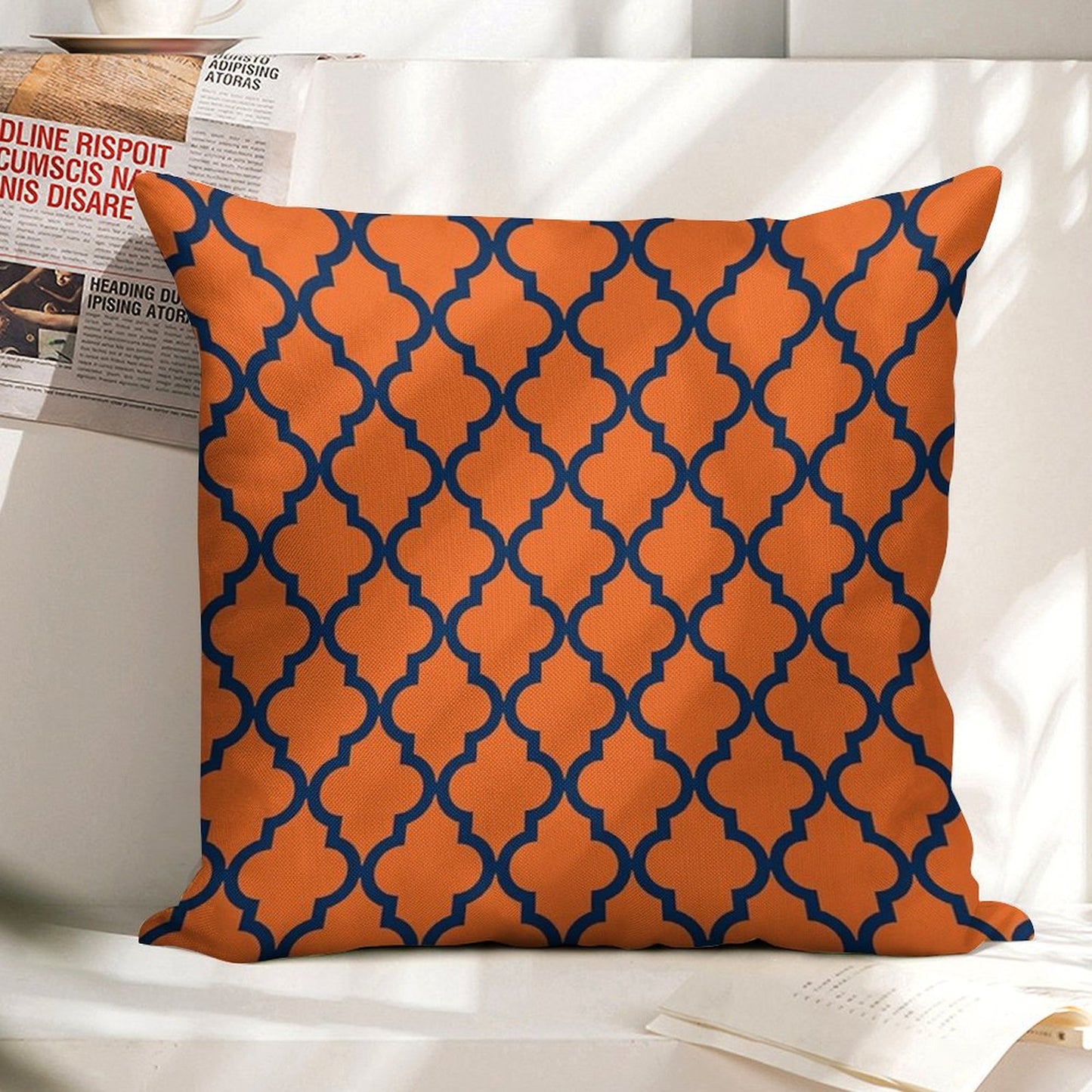 Moroccan Pattern Navy Blue & Orange Linen Throw Pillow Cover