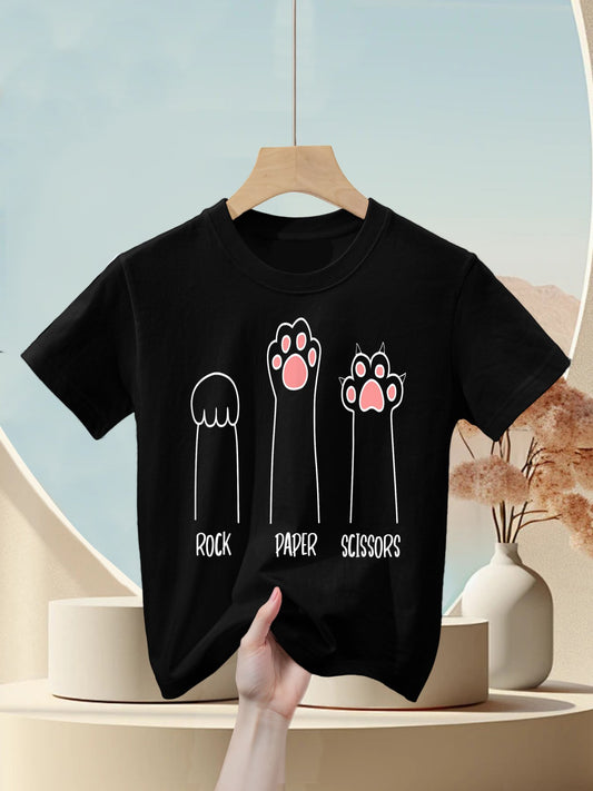 Introvert Cat Animal Rescue Pet Lover Apparel Rock Paper Scissors Hand Game Cute Paw Funny Cat Kids T-Shirt