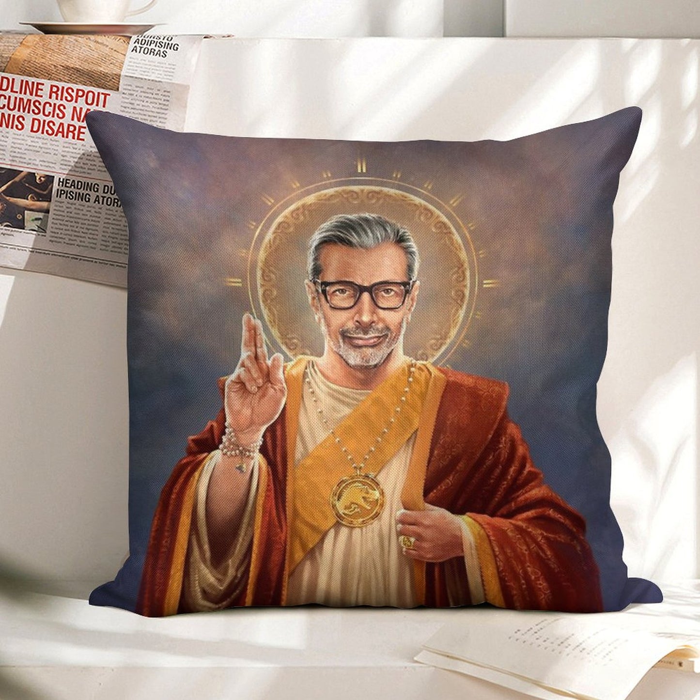 Saint Jeff of Goldblum, Jeff Goldblum Original Religious Painting Linen Throw Pillow Cover