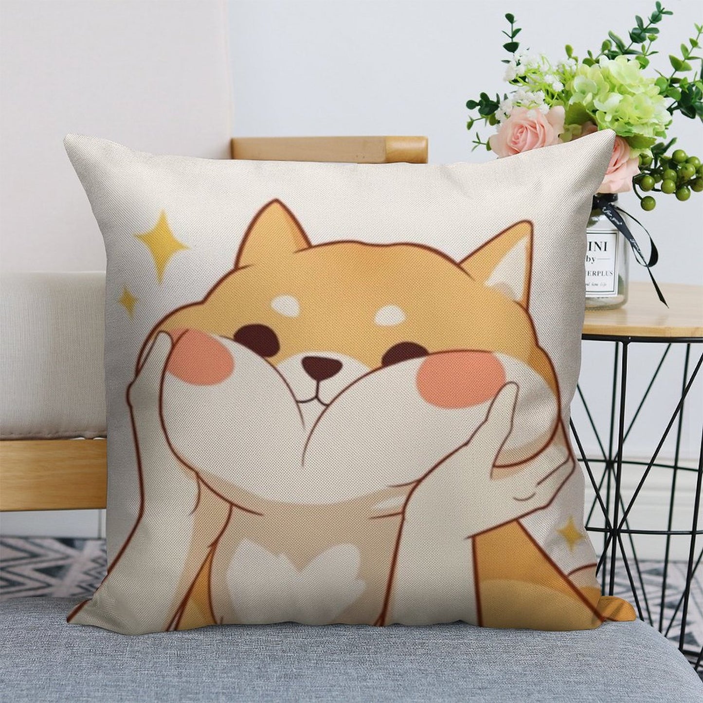 Kawaii Shiba Inu Linen Throw Pillow Cover